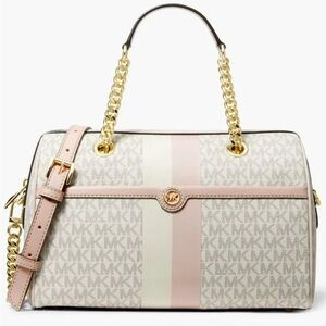 NEW MICHAEL KORS - BLAIRE MEDIUM STRIPE DUFFLE SATCHEL BAG SHOULDER VANILLA PINK